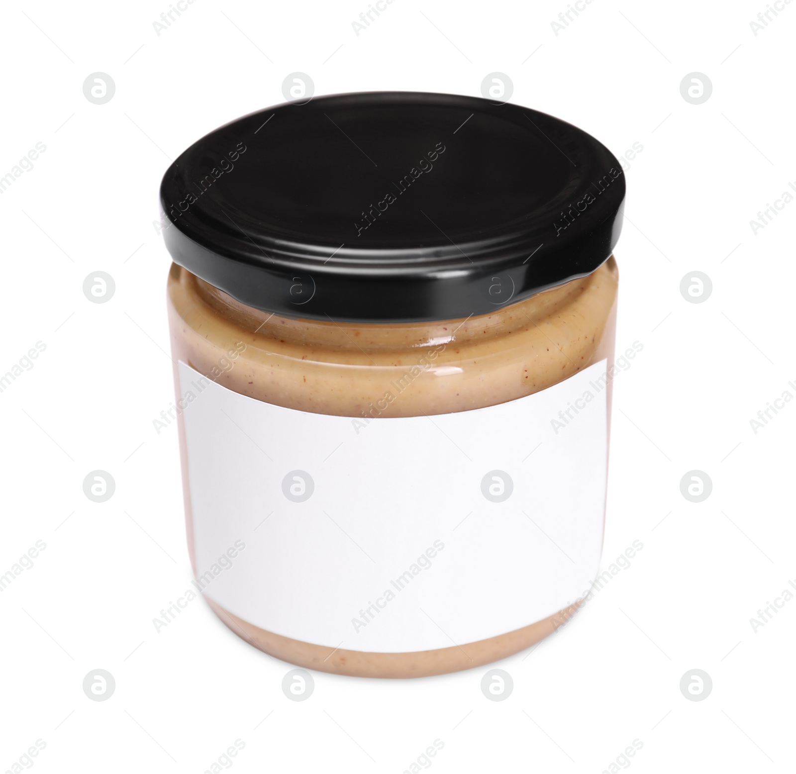 Photo of Tasty nut paste in jar isolated on white, space for text