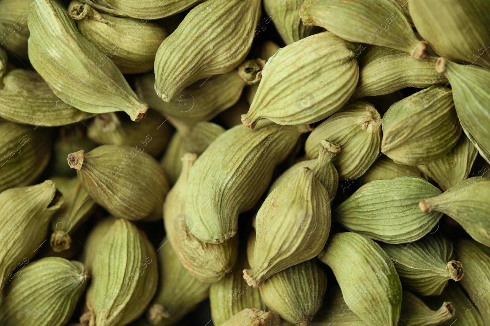 Photo of Dry green cardamom pods as background, closeup