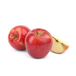 Photo of Ripe juicy red apples on white background