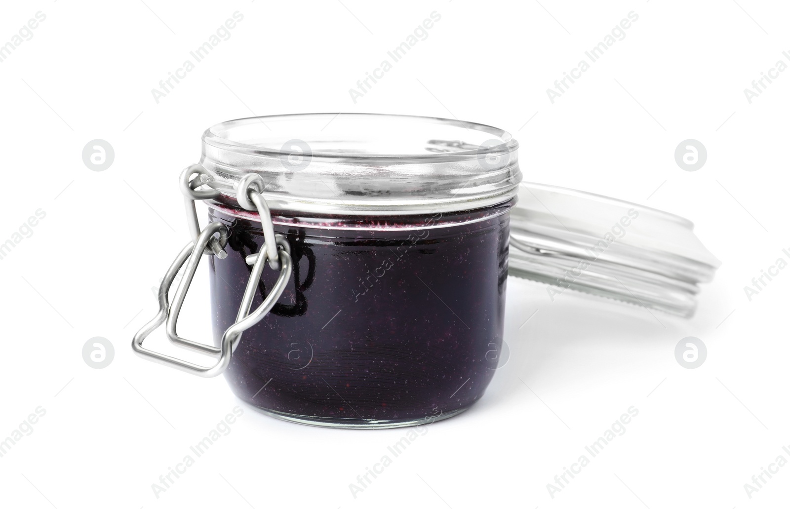 Photo of Jar of blueberry jam isolated on white