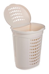 Photo of One open empty laundry basket isolated on white