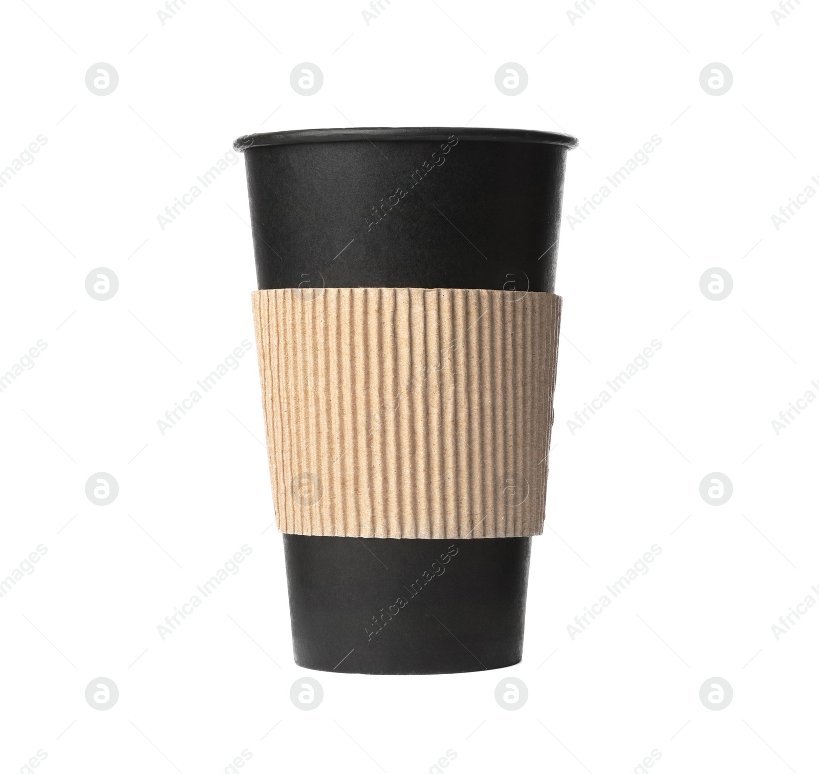 Photo of Black takeaway paper coffee cup with cardboard sleeve isolated on white