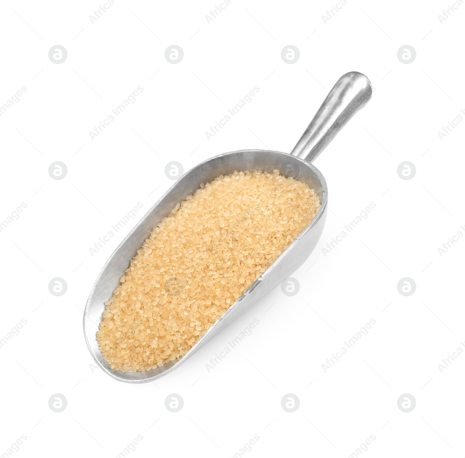 Photo of Metal scoop with brown sugar isolated on white