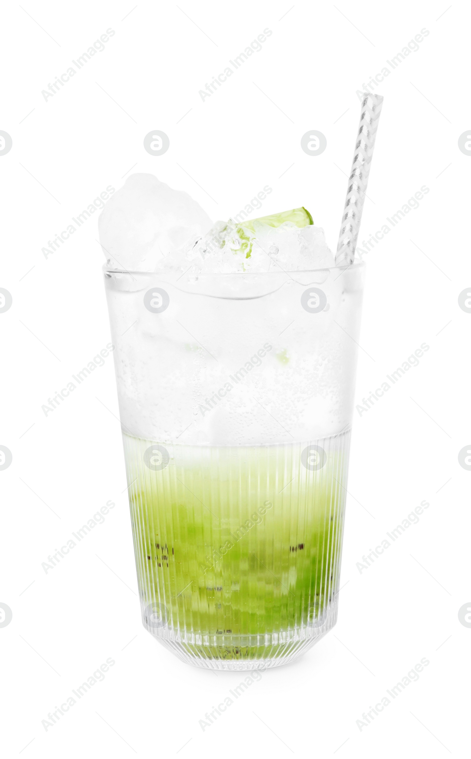 Photo of Glass of refreshing drink with kiwi isolated on white