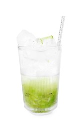 Photo of Glass of refreshing drink with kiwi isolated on white