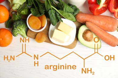 Different natural food on white wooden table, flat lay. Sources of essential amino acids