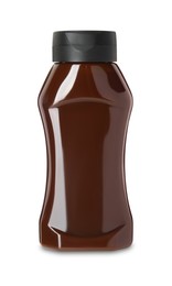 Tasty barbecue sauce in bottle isolated on white