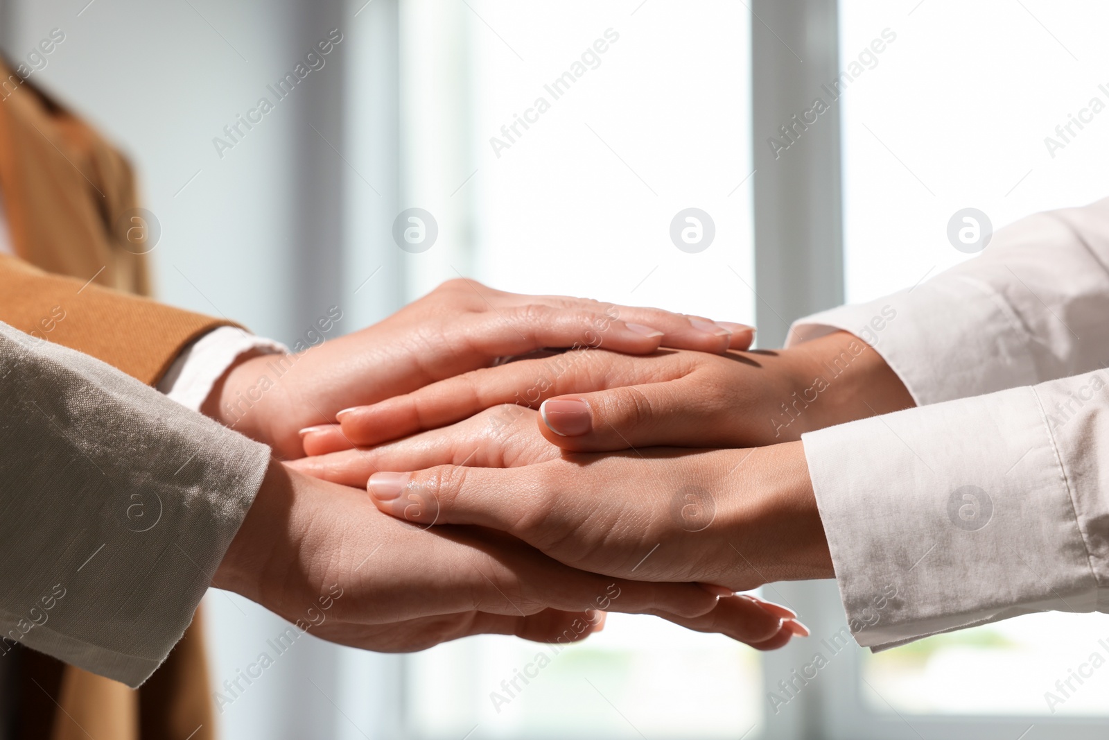 Photo of Group of people holding hands together indoors, closeup. Unity concept