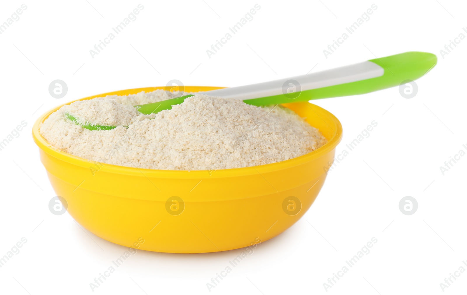 Photo of Dry healthy baby food in bowl on white background