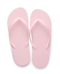 Stylish pink flip flops on white background, top view. Beach object