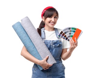 Photo of Beautiful woman with wallpaper rolls and color palette on white background