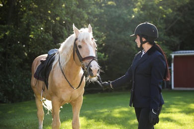 Young woman in horse riding suit and her beautiful pet outdoors on sunny day