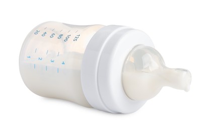 Photo of Feeding bottle with milk on white background