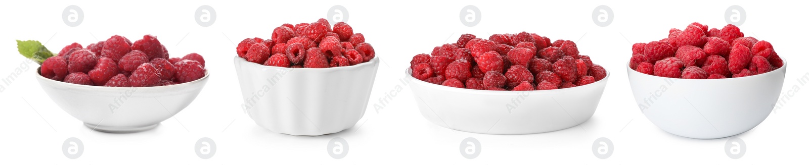 Image of Set of bowls with fresh ripe raspberries on white background. Banner design