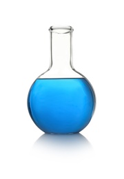 Florence flask with blue liquid on white background. Laboratory glassware