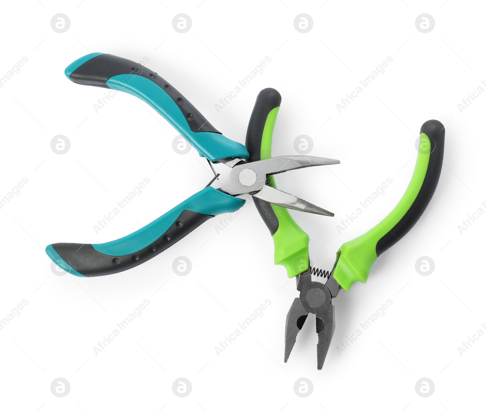 Photo of Different pliers isolated on white, top view