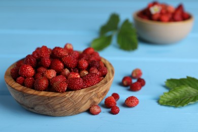 Fresh wild strawberries in bowl near leaves on light blue wooden table