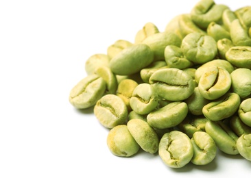 Green coffee beans and space for text on white background