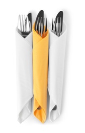 Cutlery wrapped in paper napkins on white background, top view