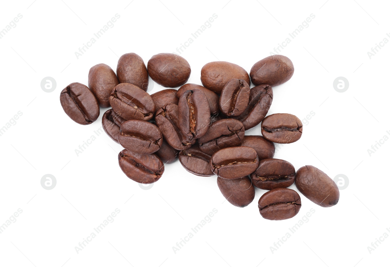 Photo of Many aromatic roasted coffee beans isolated on white, top view