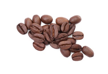 Many aromatic roasted coffee beans isolated on white, top view