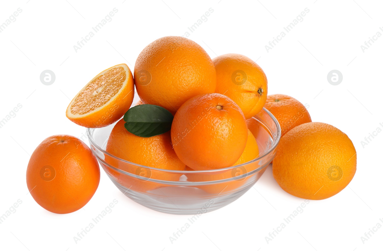 Photo of Fresh oranges in bowl isolated on white