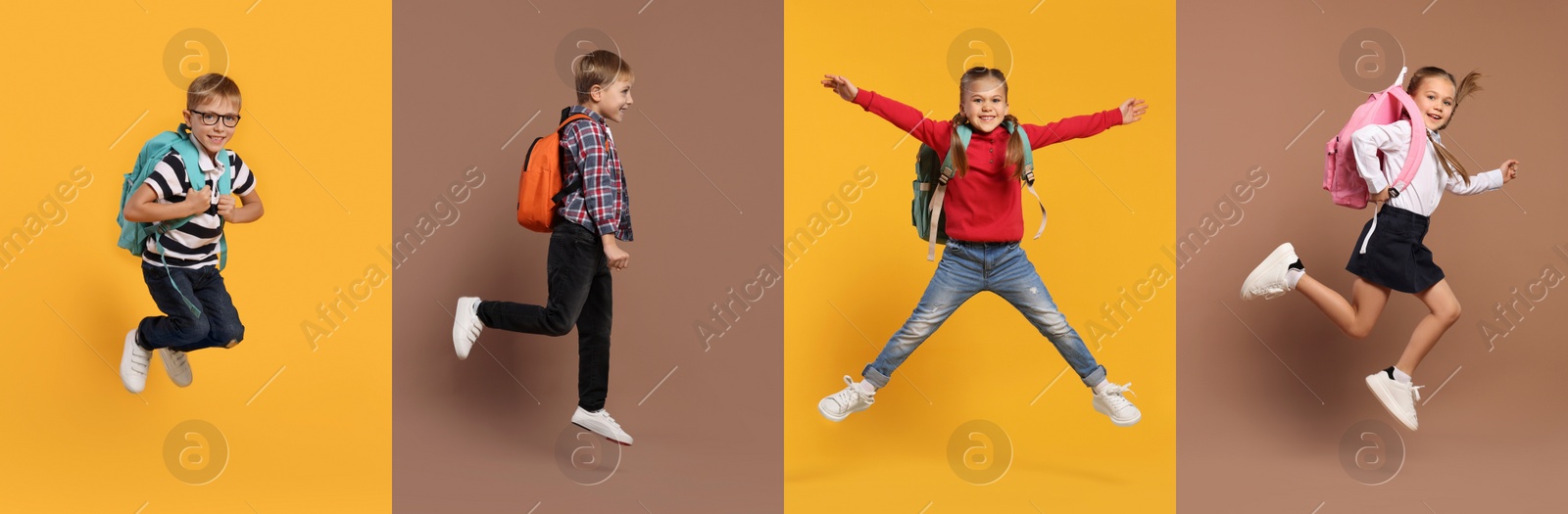 Image of Happy schoolchildren with backpacks jumping on color backgrounds, set of photos