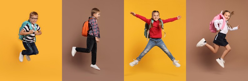 Happy schoolchildren with backpacks jumping on color backgrounds, set of photos