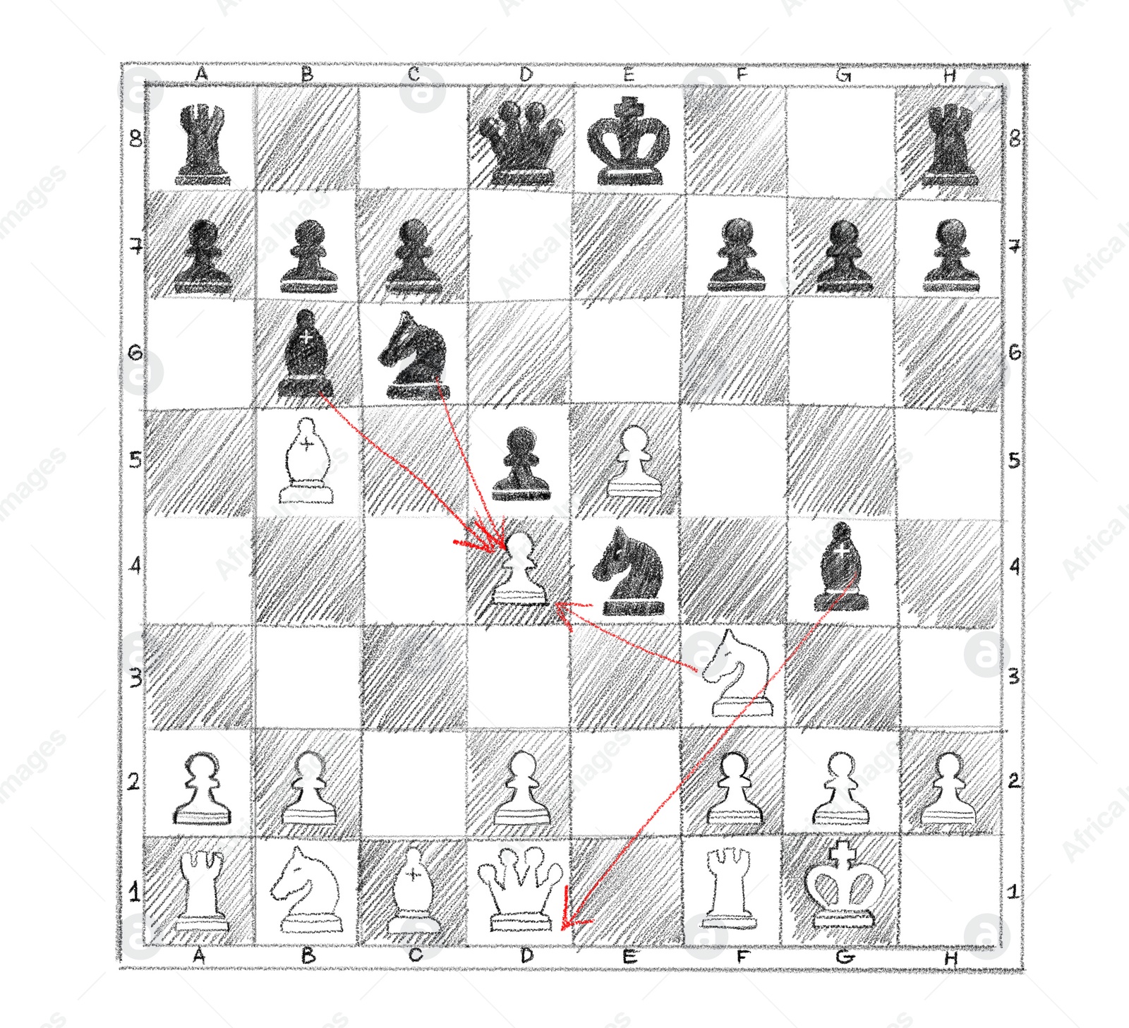 Illustration of  board with chess pieces, top view. Strategy for winning