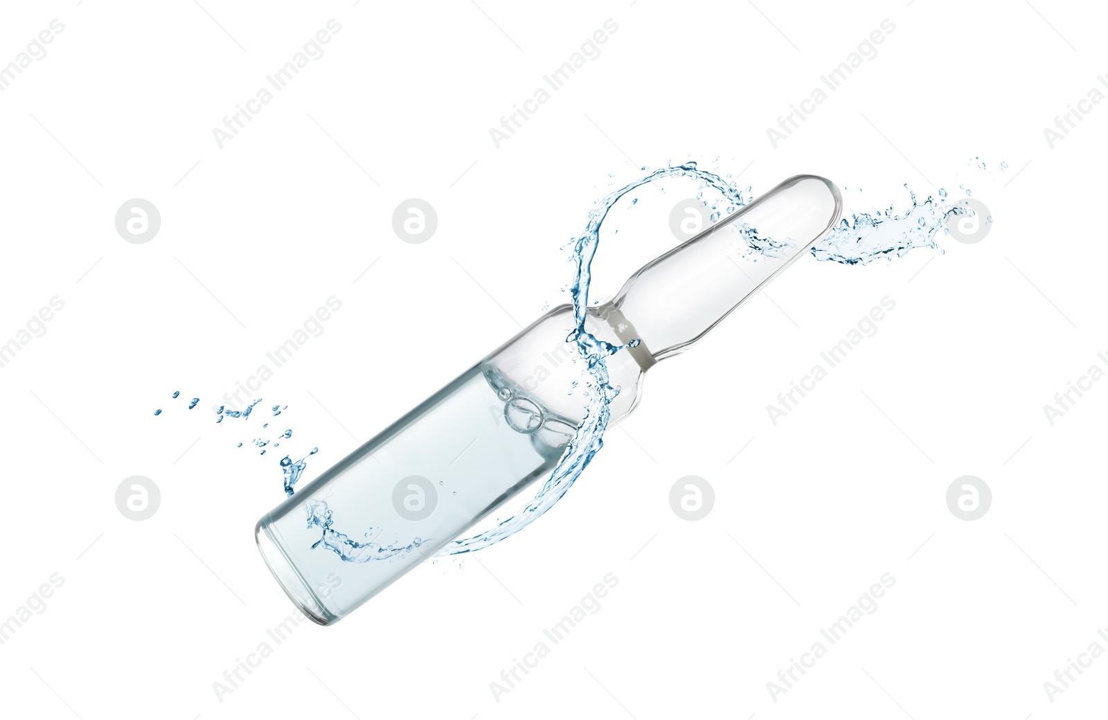 Image of Glass ampoule with pharmaceutical product and splash of water on white background