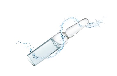 Glass ampoule with pharmaceutical product and splash of water on white background