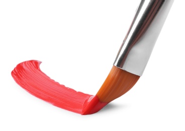 Photo of Brush with color paint and stroke on white background