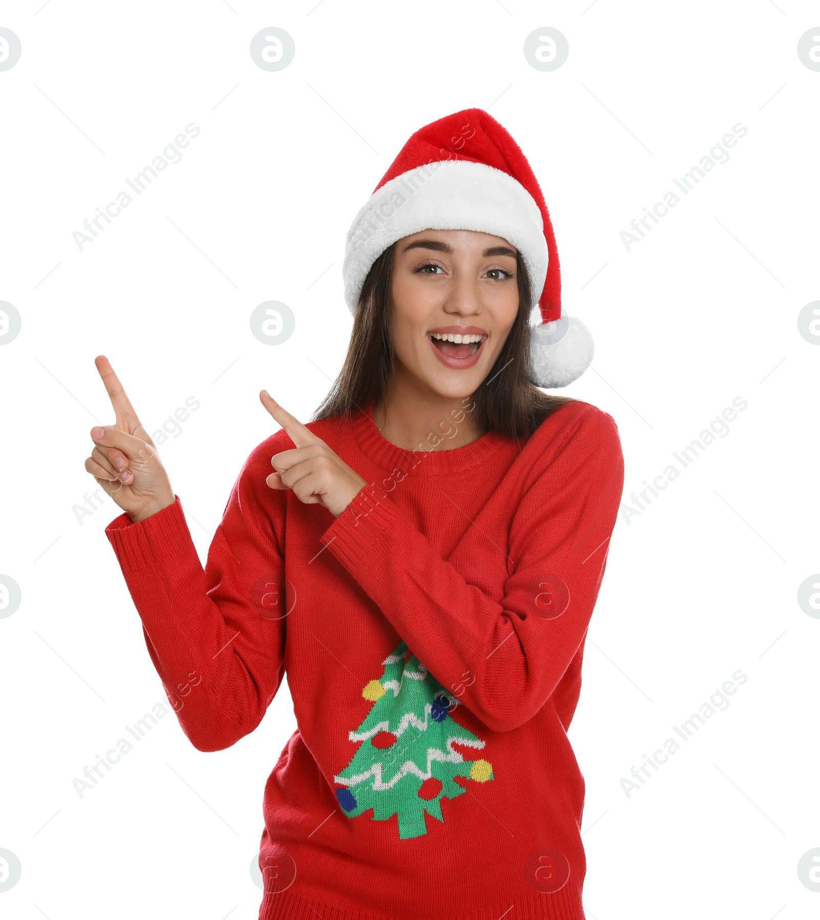 Photo of Happy woman in Santa hat on white background. Christmas countdown