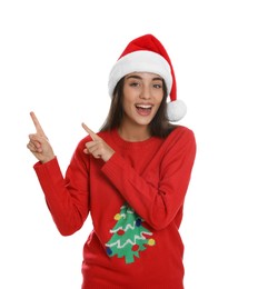 Happy woman in Santa hat on white background. Christmas countdown