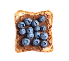 Photo of Toast bread with chocolate spread and blueberry on white background