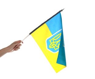 Woman holding national flag of Ukraine on white background, closeup
