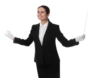 Happy young conductor with baton on white background