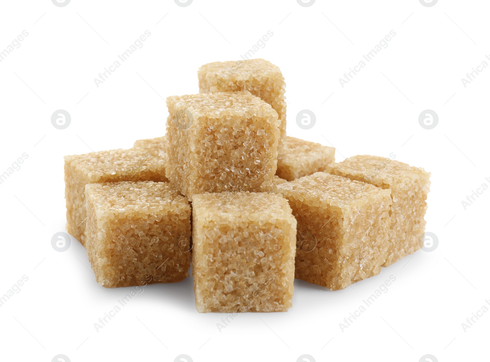 Photo of Many brown sugar cubes isolated on white