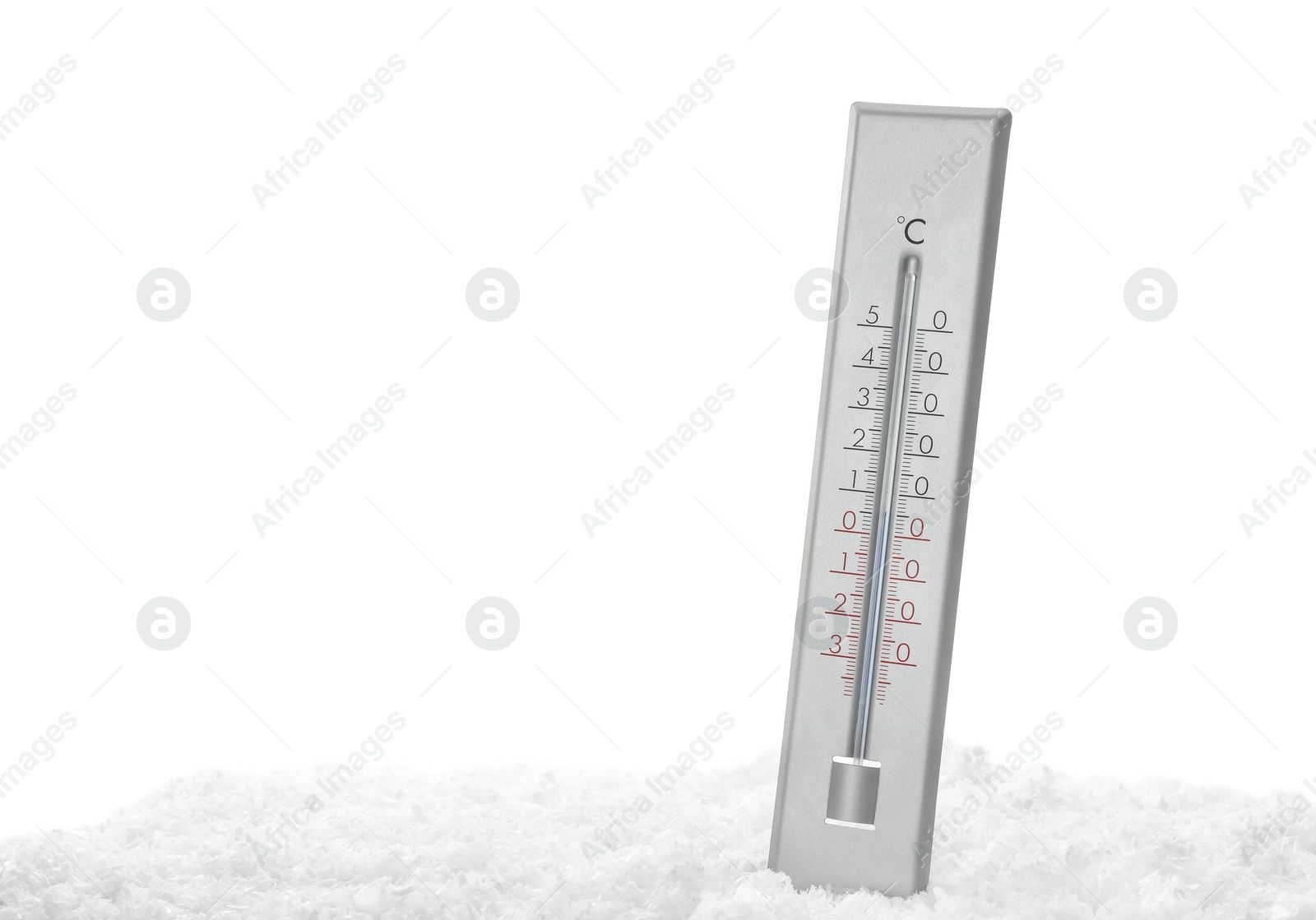 Photo of Weather thermometer in snow against white background