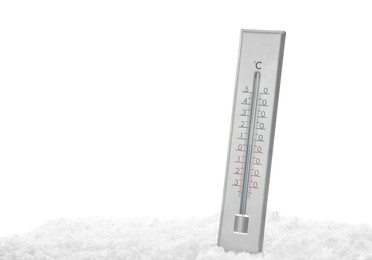 Photo of Weather thermometer in snow against white background