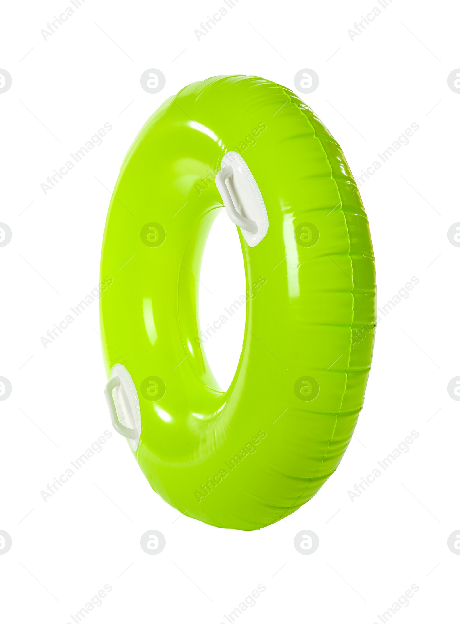 Photo of Bright inflatable ring on white background. Summer holidays