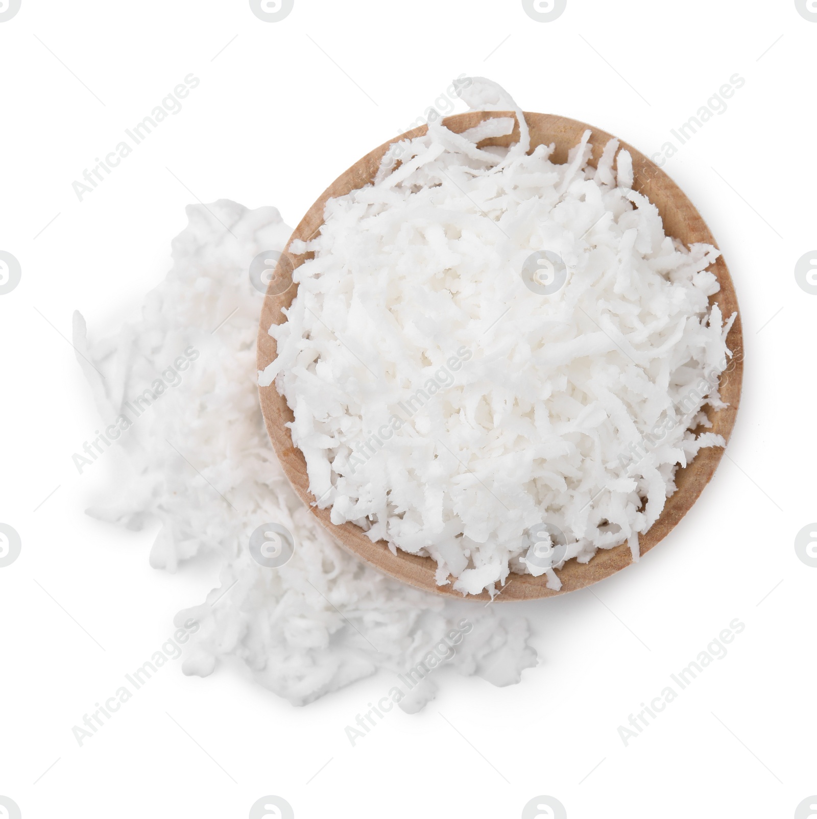 Photo of Coconut flakes in bowl isolated on white, top view