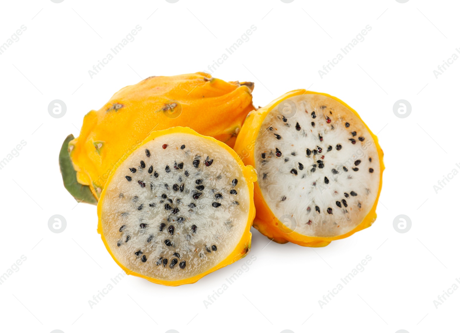 Photo of Delicious cut and whole yellow pitahaya fruits on white background