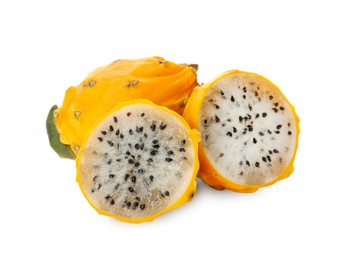 Photo of Delicious cut and whole yellow pitahaya fruits on white background