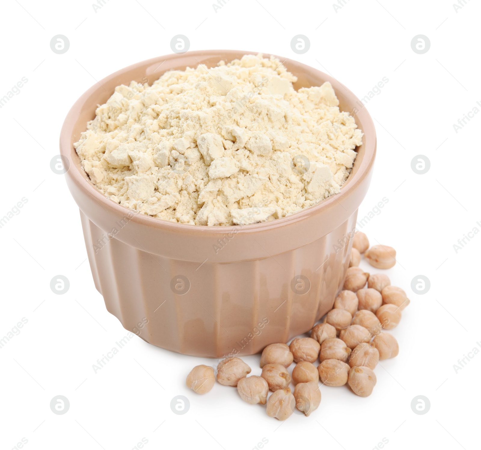 Photo of Chickpea flour in bowl and seeds isolated on white