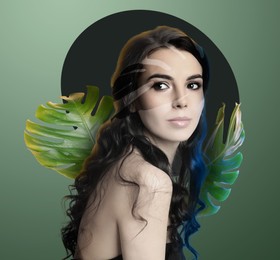 Beautiful young woman with green tropical leaves on color background. Stylish collage design