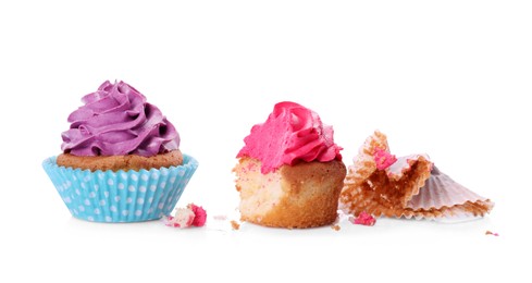 Photo of Failed and good cupcakes on white background. Troubles happen