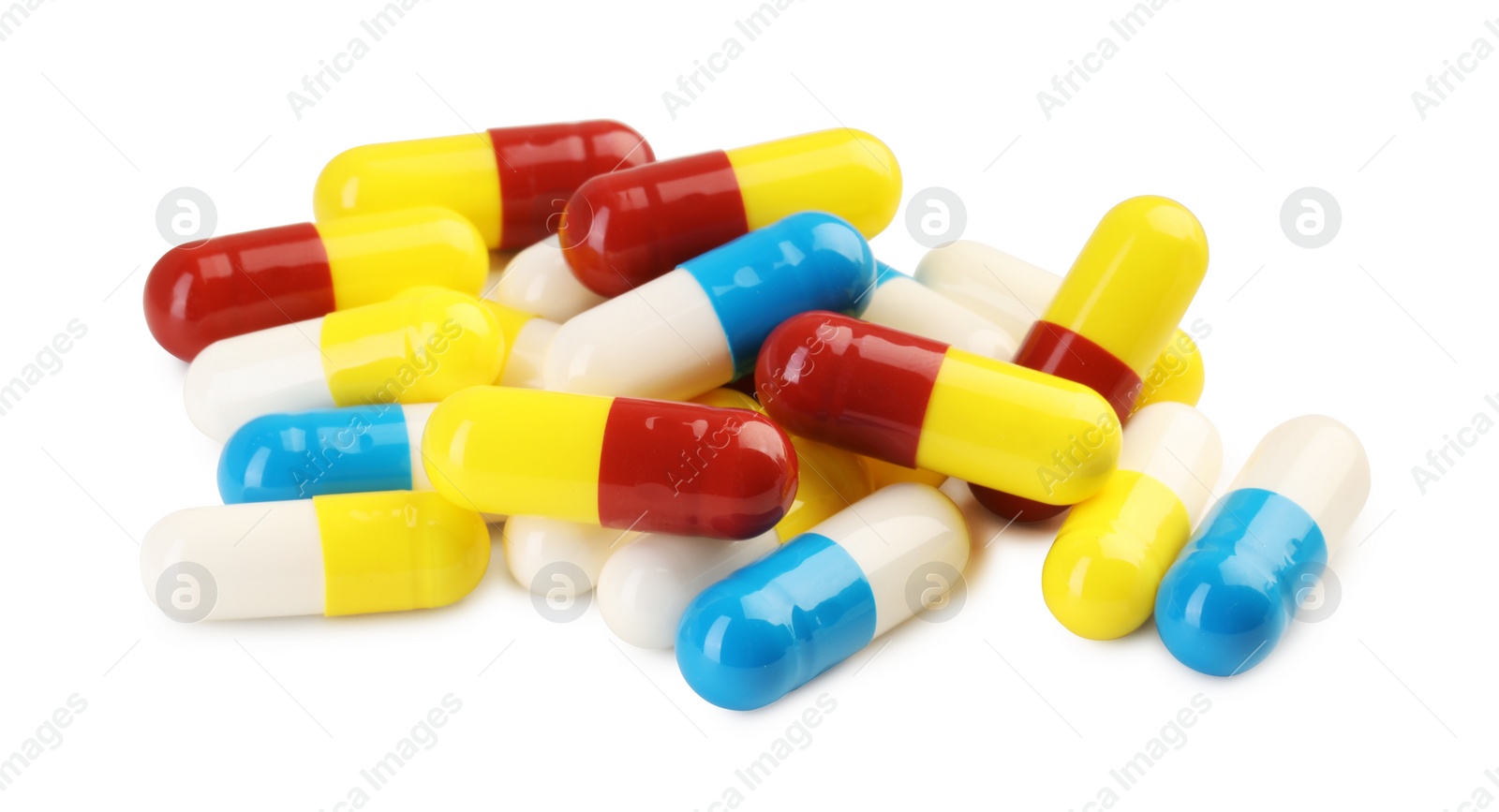 Photo of Many antibiotic pills isolated on white. Medicinal treatment