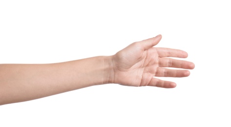Photo of Woman reaching hand for shake on white background, closeup