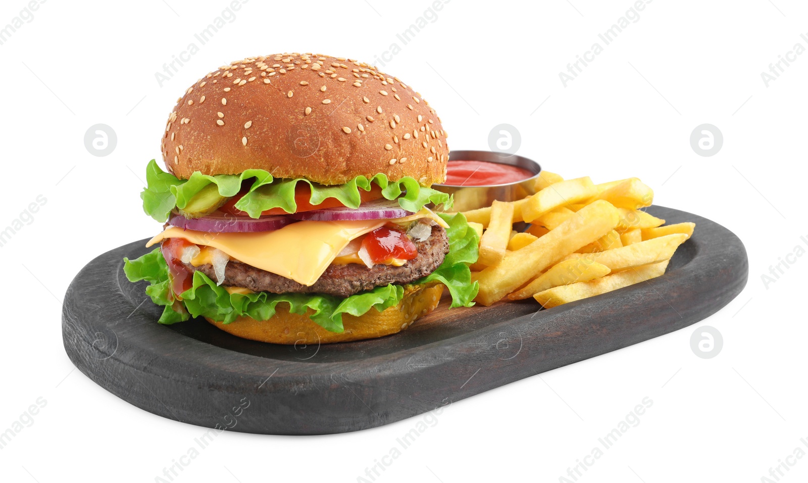 Photo of Delicious burger with beef patty, tomato sauce and french fries isolated on white